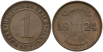 Германия 1 рейхспфенниг 1924 J KM 37, J. 313 бронза 4189-813