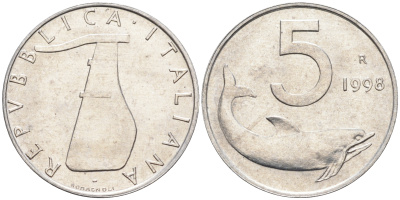 Италия 5 лир 1998 R, дельфин KM 92 алюминий  UNC  4594-959