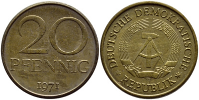 ГДР 20 пфеннигов 1971 А KM 11 латунь UNC 54-1445
