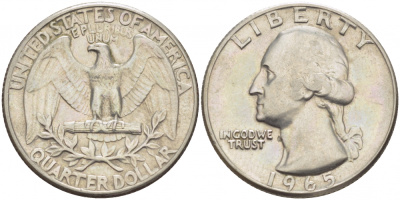 США 25 центов (квотер) 1965 Вашингтон KM 164a медь плакированная медно-никелем 3457-745
