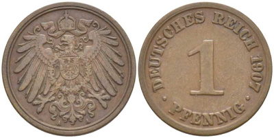 ГЕРМАНИЯ 1 ПФЕННИГ 1907 A KM 10, J. 10, Weege 2 медь 211-351