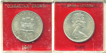 Гибралтар 1 крона 1967 Елизавета II (1952-2022), старый замок, в оригинальной пластиковой коробке, первый год чекана KM 4 медно-никель UNC 6-6-1-2