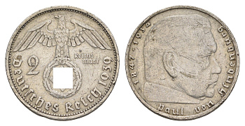 Германия 2 рейхсмарки 1939 А, Гинденбург, символика KM 93, J.366 серебро 4153-1122