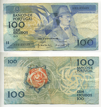 ПОРТУГАЛИЯ 100 ЭСКУДО 1986 16 ОКТЯБРЯ 1986, ФЕРНАНДО ПЕССОА ПОРТУГАЛЬСКИЙ ПОЭТ Pick 179а бумага 7552-51-3