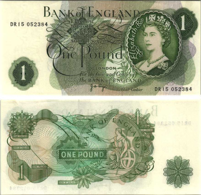 АНГЛИЯ 1 ФУНТ 1970-1977 ПОДПИСЬ J.B. PAGE Pick 374g бумага UNC (ПРЕСС) 7214-20-3-1