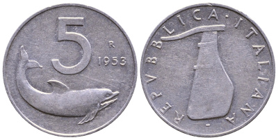 Италия 5 лир 1953 R, дельфин, плуг KM 92 алюминий 56-1117