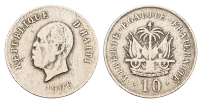 Гаити 10 сантимов 1906 год-тип, Президент Пьер Нор Алексис KM 54 медно-никель 4580-237
