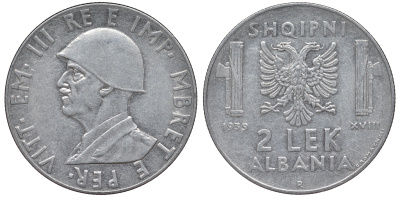 Албания 2 лека 1939 R, год XVIII, Итальянская оккупация, вторая мировая KM 32 нержавеющая сталь 4367-832