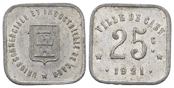 Франция, Кан 25 сантимов 1921 диаметр 23 мм, вес 1,2 гр Elie mon 10.3 алюминий 4126-1151