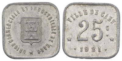 Франция, Кан 25 сантимов 1921 диаметр 23 мм, вес 1,2 гр Elie mon 10.3 алюминий 4126-1151