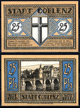 Кобленц (Пруссия, Рейн) 25 пфеннигов 1921 Mehl Grabowski 233.1-1/4 бумага UNC (пресс) 7555-56-1-2