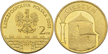Польша 2 злотых 2005 MW, серия польские города, Цешин (Cieszyn) KM 753, Parchimowicz 962 латунь 4539-657
