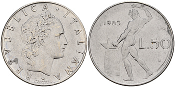 Италия 50 лир 1963 R, кузнец KM 95.1 сталь    4153-114