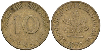ФРГ 10 пфеннигов 1970 J KM 108, J. 383 сталь плакированная латунью 4604-1152