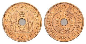 Родезия и Ньясаленд 1/2 пенса 1964 Елизавета II (1952-2022), жирафы KM  1 бронза  UNC  4640-911