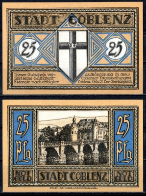 Кобленц (Пруссия, Рейн) 25 пфеннигов 1921 Mehl Grabowski 233.1-1/4 бумага UNC (пресс) 7555-56-1-2