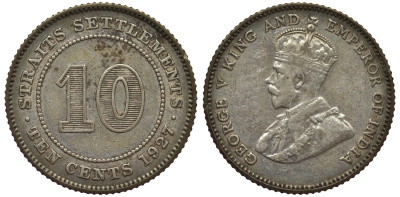Стрейтс-Сетлментс 10 центов 1927 Георг V (1910-1936) КМ 29b серебро 53-641