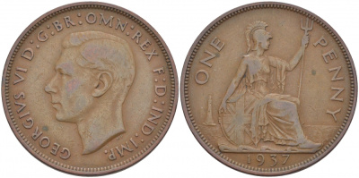 Великобритания 1 пенни 1937 Георг VI (1936-1952) KM 845, Spink 4114 бронза 114-1121