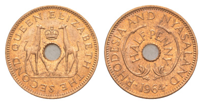 Родезия и Ньясаленд 1/2 пенса 1964 Елизавета II (1952-2022), жирафы KM  1 бронза  UNC  4640-911