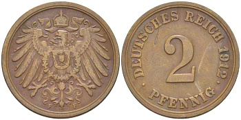 Германия 2 пфеннига 1912 F KM 16, J. 11, Weege 4 медь 206-627