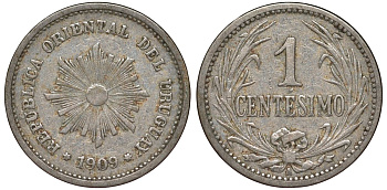 Уругвай 1 сентесимо 1909 KM 19 медно-никель 4169-611