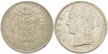 БЕЛЬГИЯ 1 ФРАНК 1969 BELGIE KM 143.1 медно-никель 4539-843