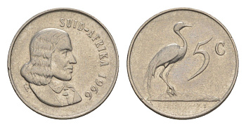 ЮАР 5 центов 1966 Ян ван Рибек (1619-1677), Suid Africa, легенда на африкаанс, райский журавль KM 67.2 медно-никель 4602-836