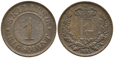ДАНИЯ 1 СКИЛЛИНГ 1863 ФРЕДЕРИК VII (1848-1863) KM 763 (C135) бронза 67-217