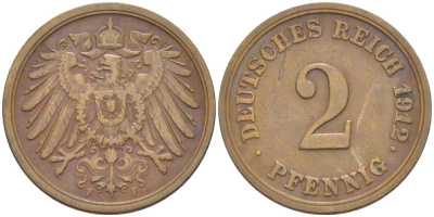 Германия 2 пфеннига 1912 F KM 16, J. 11, Weege 4 медь 206-627