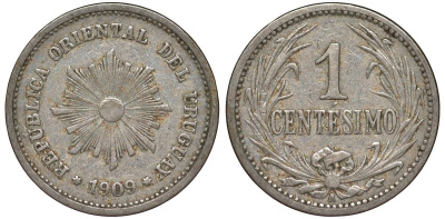 Уругвай 1 сентесимо 1909 KM 19 медно-никель 4169-611