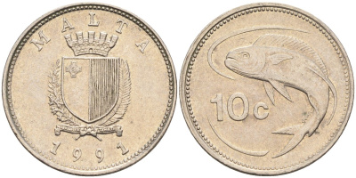 Мальта 10 центов 1991 золотая макрель KM 96 медно-никель 4588-222