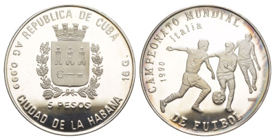 Куба 5 песо 1989 Чемпионат мира по футболу 1990, Италия, игроки KM 225 серебро PROOF 603-431