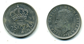 Испания 25 песет 1975 (79) Хуан Карлос I (1975-2014) KM 808 медно-никель 51-4715