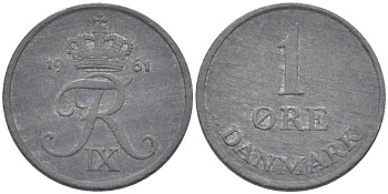 ДАНИЯ 1 ЭРЕ 1961 С; S, ФРЕДЕРИК IX (1947-1972) KM 839.2 цинк 4387-411