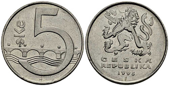 Чехия 5 крон 1995 чешский лев, Карлов мост KM 8 сталь плакированная никелем 65-215