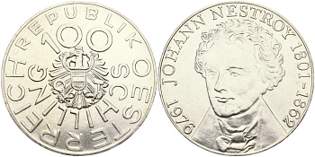 Австрия 100 шиллингов 1976 175 лет со дня рождения Иоганна Нестрои? KM 2932 серебро UNC 02-118-31