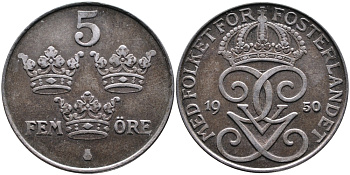 Швеция 5 эре 1950 Густав V (1907-1950) KM 812 железо 4389-141