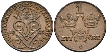 Швеция 1 эре 1925 Густав V (1907-1950) KM 777.2 бронза 4585-322