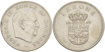 Дания 1 крона 1963 C;S, Фредерик IX (1947-1972) KM 851 медно-никель 4551-1255