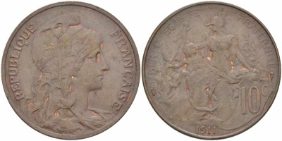 ФРАНЦИЯ 10 САНТИМОВ 1911 ТИП ДАНИЭЛЬ ДЮПЮИ KM 843, LA FRANC 136.21 бронза 109-244