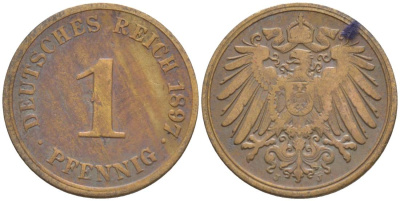 Германия 1 пфенниг 1897 J KM 10, J. 10, Weege 2 медь 4528-1146