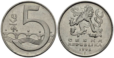 Чехия 5 крон 1995 чешский лев, Карлов мост KM 8 сталь плакированная никелем 65-215