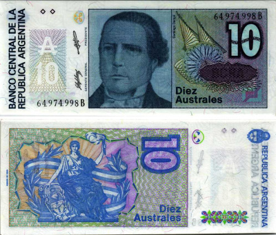 АРГЕНТИНА 10 АУСТРАЛЕЙ 1988 СЕРИЯ B 64974, САНТЬЯГО ДЕРКУИ Pick 325b, Bottero 2823 бумага UNC (ПРЕСС) 6352-25-3-1