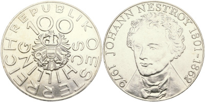 Австрия 100 шиллингов 1976 175 лет со дня рождения Иоганна Нестрои? KM 2932 серебро UNC 02-118-31