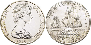 Острова Кука 2 1/2 доллара 1974 Джеймс Кук, второе путешествие, парусники KM 9 серебро UNC 1085-7-21
