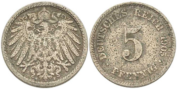 ГЕРМАНИЯ 5 ПФЕННГОВ 1905 E KM 11, J. 12, Weege 6 медно-никель 211-724