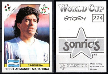 Футбольная карточка Диего Арманды Марадоны с Чемпионата мира 1990 года на который сборная Аргентины поехала в статусе чемпионов мира, и на котором они стали серебряными призерами Panini World Cup Italy '90 - 224 номер карточки, Италия 7503-28-2-1