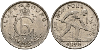 Люксембург 1 франк 1928 сталевар, Шарлотта (1918-1964) KM 35 никель 4603-1055