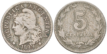Аргентина 5 сентаво 1899 KM 34 медно-никель 4621-1033