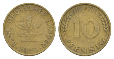 ФРГ 10 пфеннигов 1949 D KM 103, J. 378 сталь плакированная латунью 4630-1257